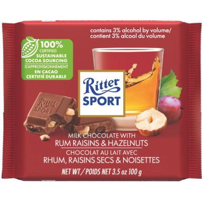 Ritter Sport Milk Chocolate Bar with Rum, Raisins, & Hazelnuts
